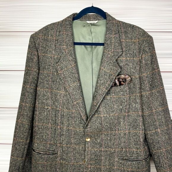 Vintage Mens Austin Grey Wool Sport Coat Houndstooth Black Tan Two Button 42R - Picture 2 of 12